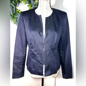 Jones Wear petite chambray stretch, 10P, 1/4 zip metal stud, long-sleeve blazer